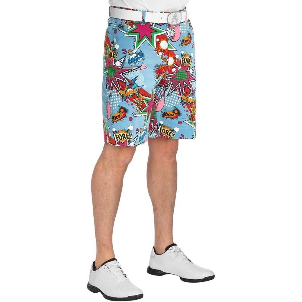 NWOT‎ Royal & Awesome Men's 38 Comic Book Golf Shorts Sky Blue Pop Art Partoon
